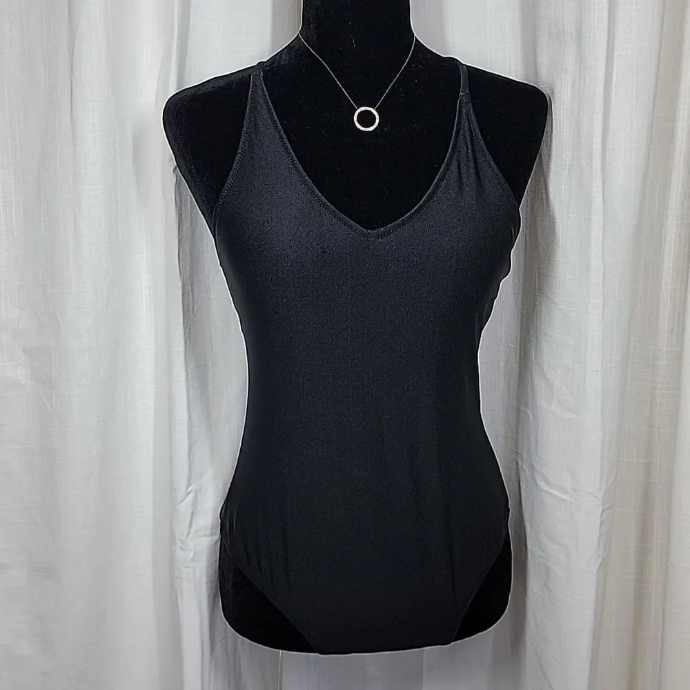 Ekouer Black V-neck Strappy Crossback One-piece Swimsuit